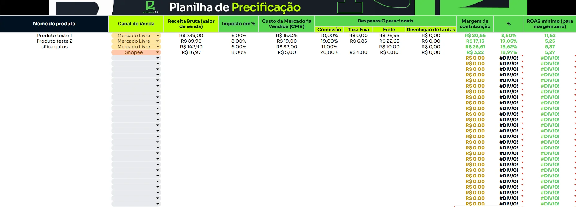 Planilha de precificação para marketplaces do Método P4